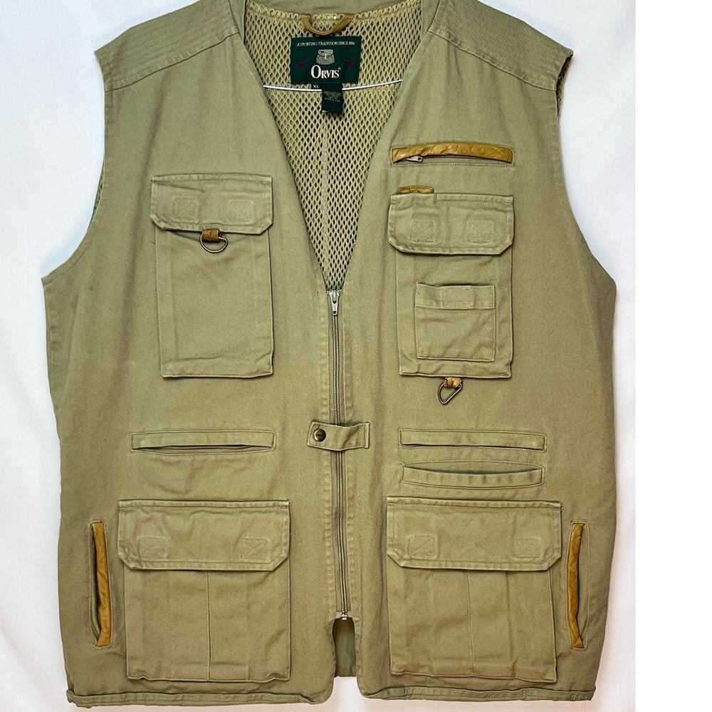 Orvis Men's XL Tan Canvas Hunting Fishing Shooting Vest Zip/Snap Front Vented